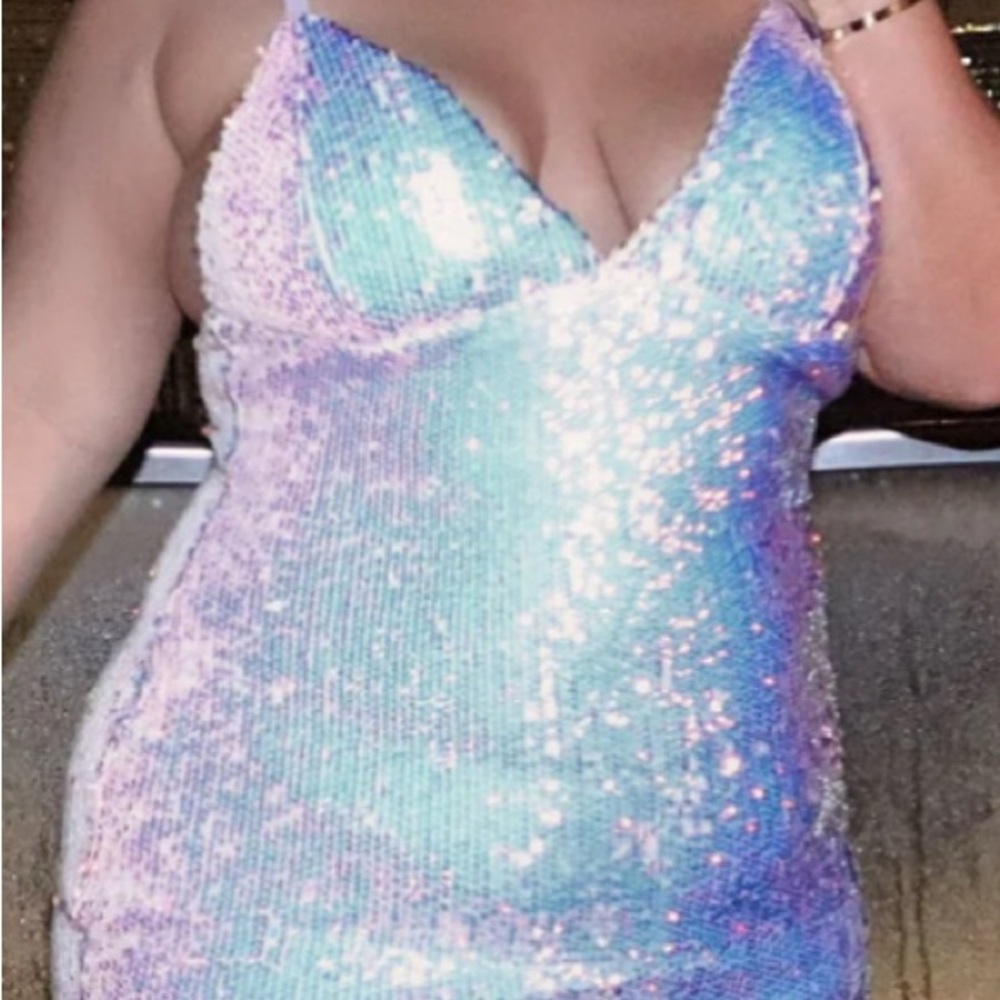 Embellished Pink and Blue Sequin Bodycon Mini Dress